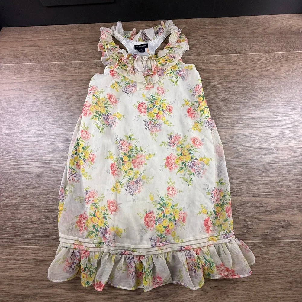 Ralph Lauren Girls Floral Chiffon Ruffle Racerback Dress Multi Size 12 Summer